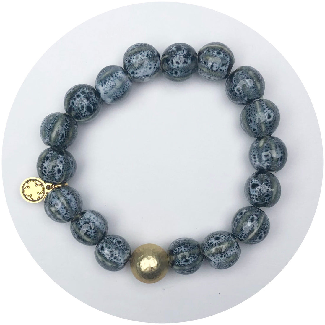 Smoke Ceramic Riccio Bead with Hammered Gold Accent