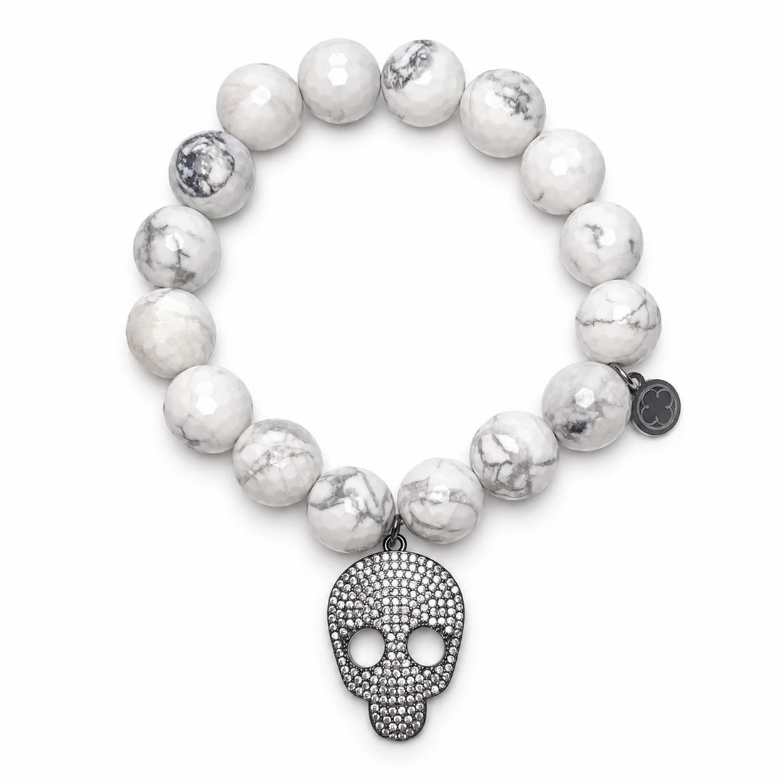 White Howlite with Pavé Gunmetal Skull on a white background