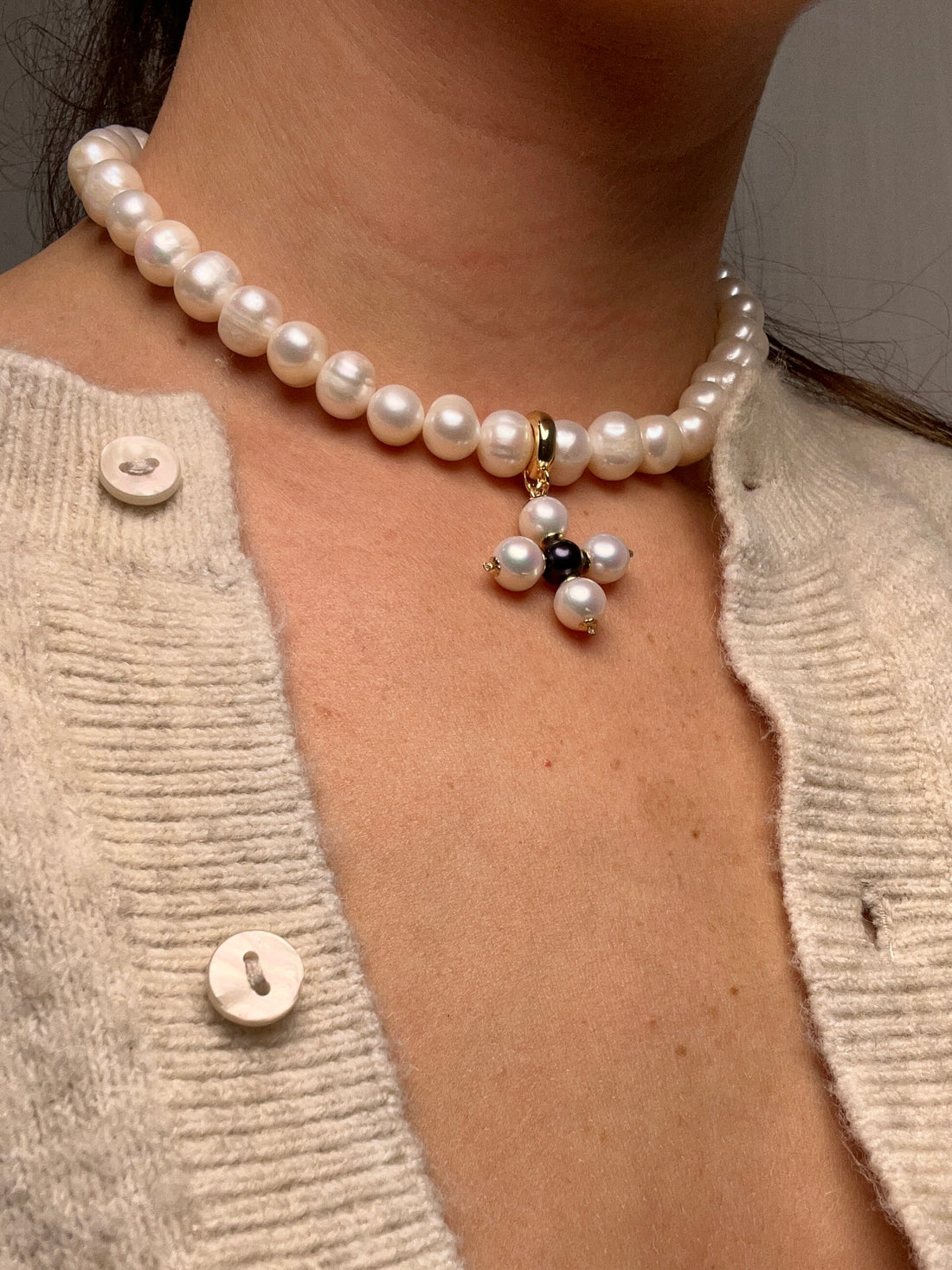 Perla Grande Freshwater Pearl with Freshwater Pearl Maltese Cross Necklace - Oriana Lamarca LLC