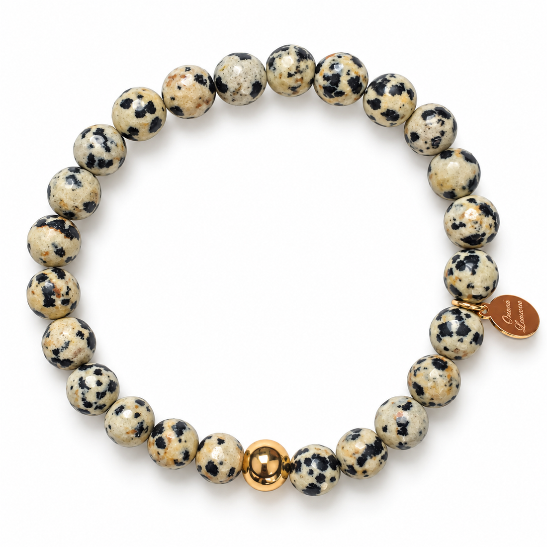 Mens Dalmatian Jasper with Gold Accent on white studio background