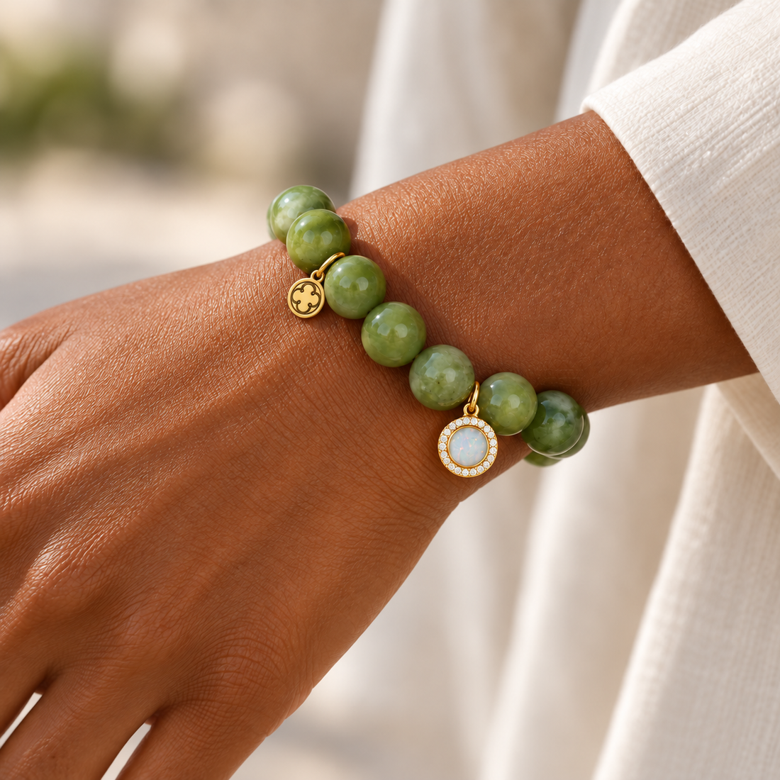 Green Garnet with Pavé Opal Round Pendant worn on a woman&