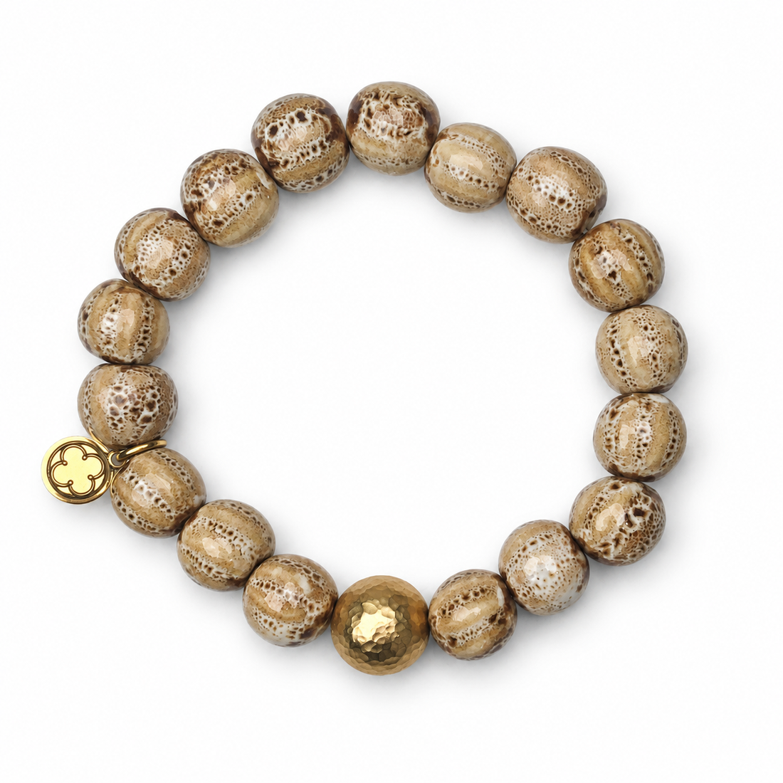 Sand Ceramic Riccio Bead with Hammered Gold Accent on white studio background