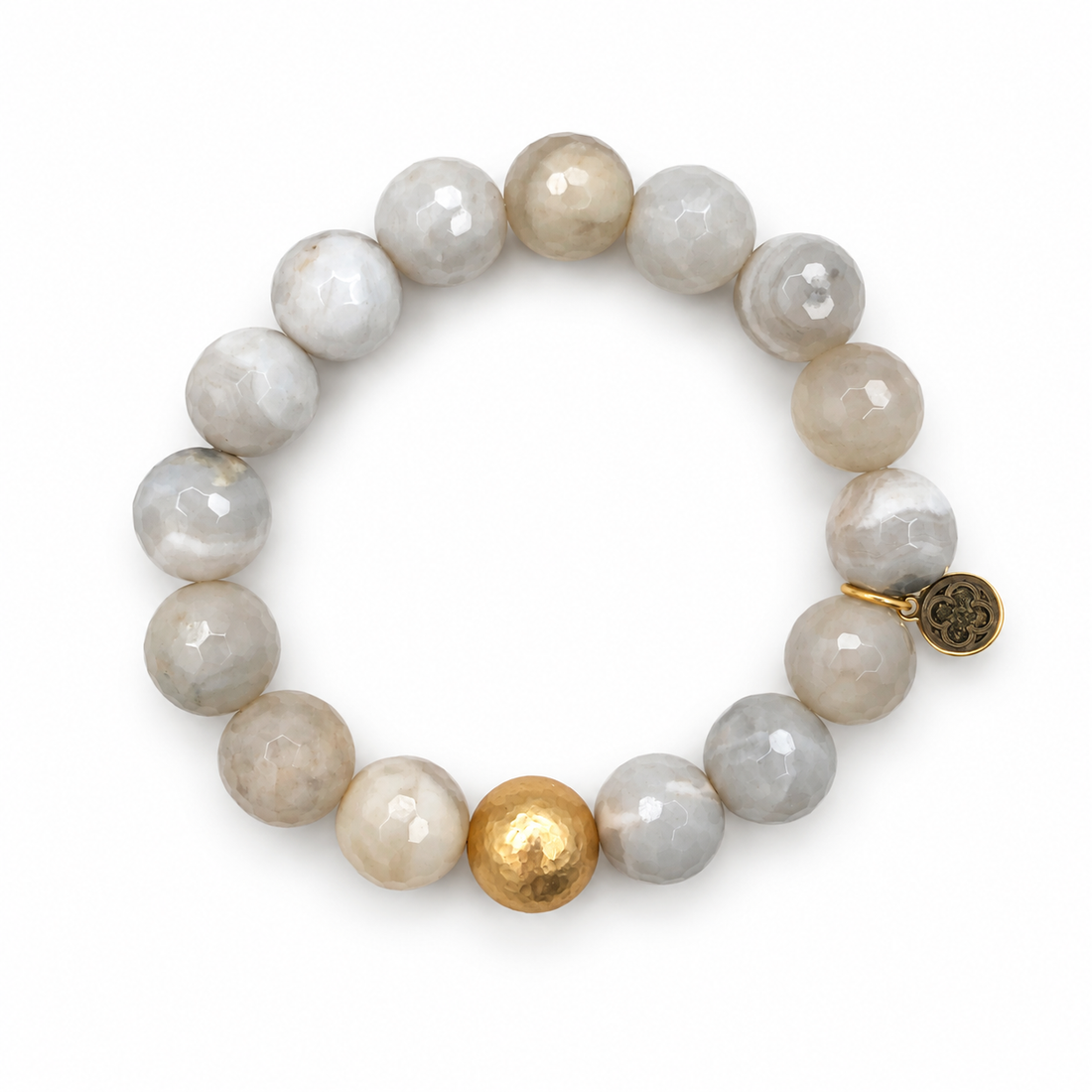 Milky Cloud Agate with Hammered Gold Accent on white studio background
