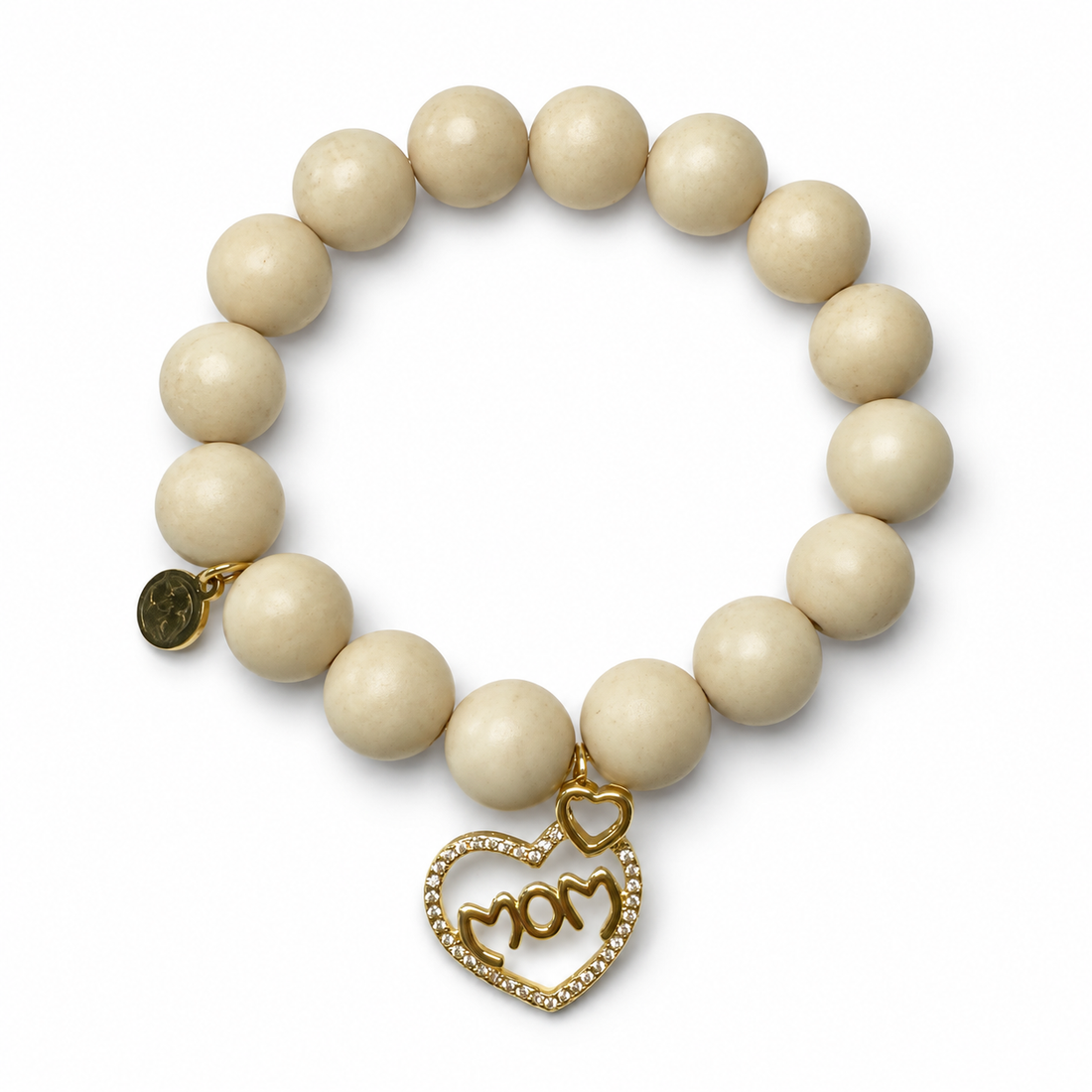 Beige Riverstone with Gold Pavé Heart Mom Pendant on white studio background