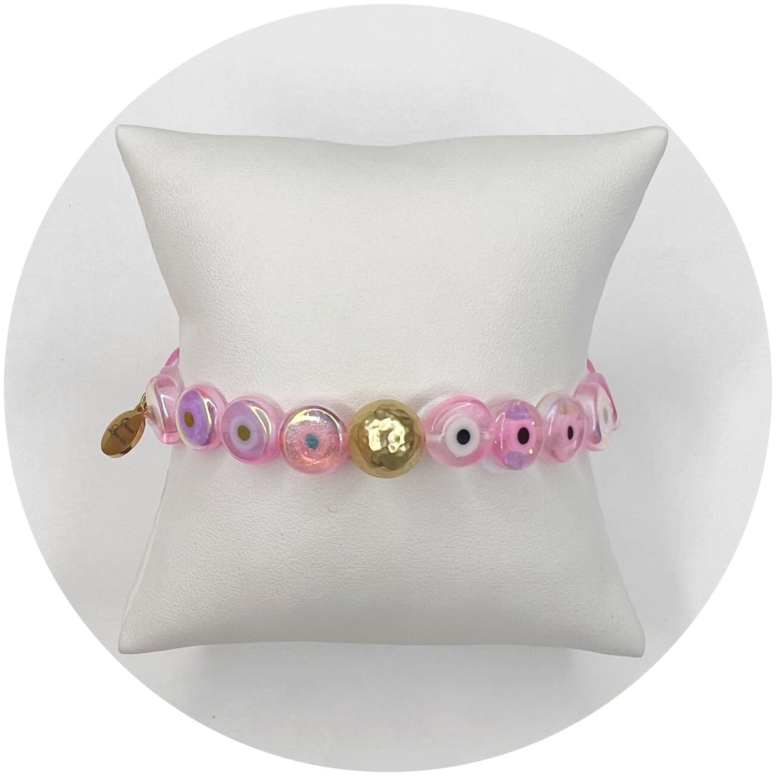 Pink Iridescent Evil Eye Glass with Hammered Gold Accent