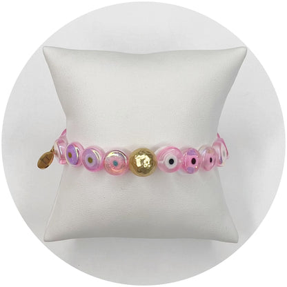 Pink Iridescent Evil Eye Glass with Hammered Gold Accent