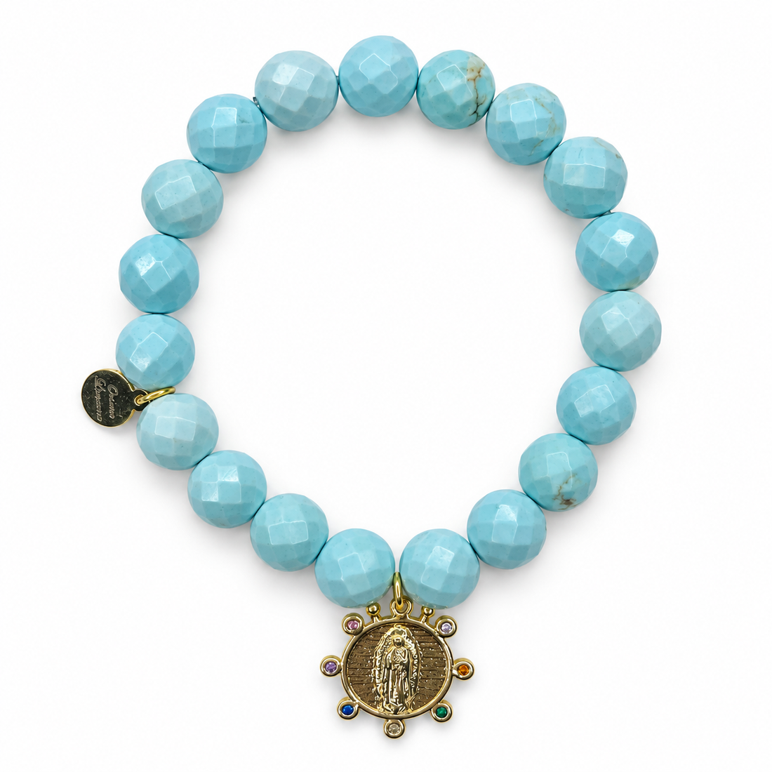 Light Turquoise Magnesite with Rainbow Pavé Blessed Mother Medallion on white studio background