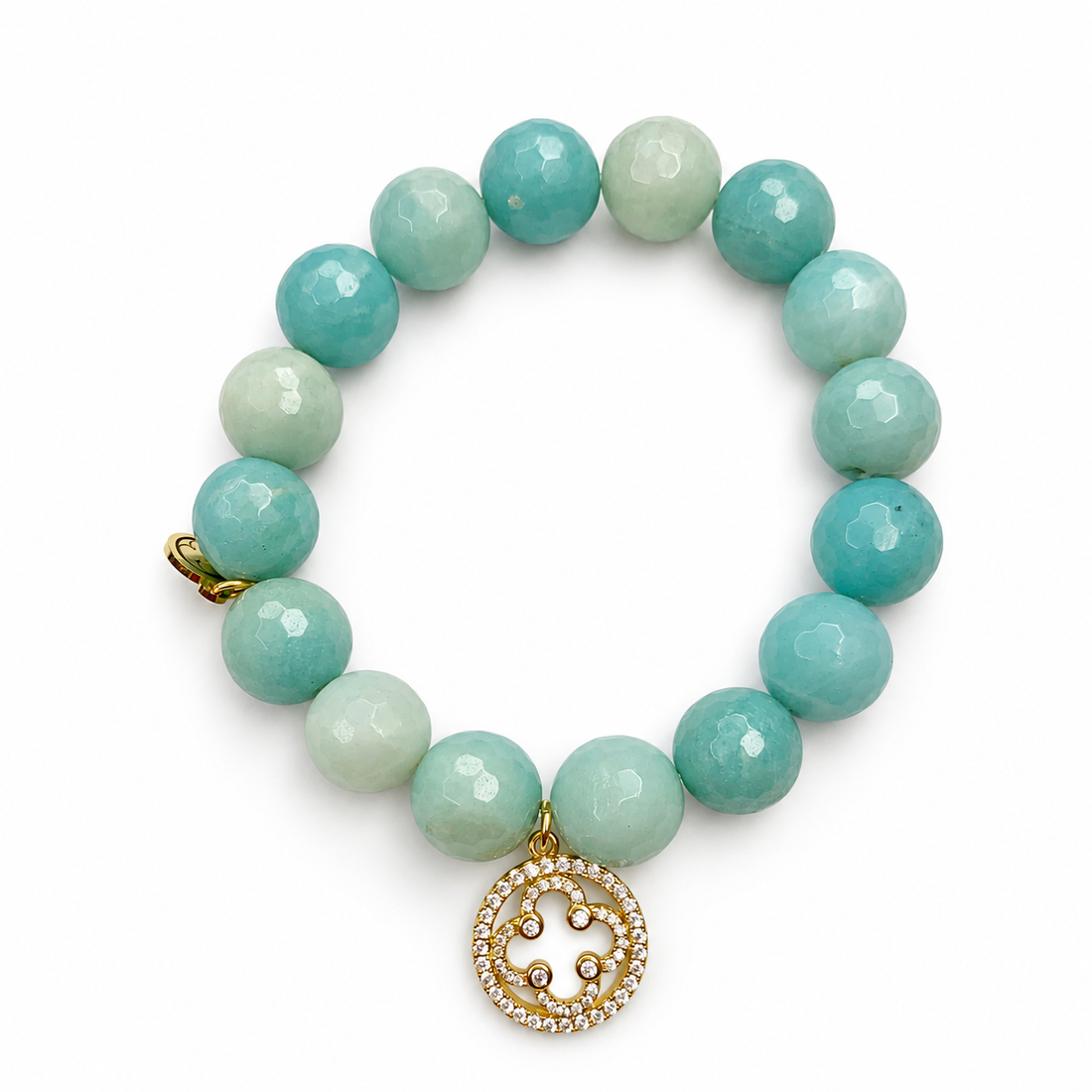 Amazonite Light with Pavé Gold Signature Logo on white studio background