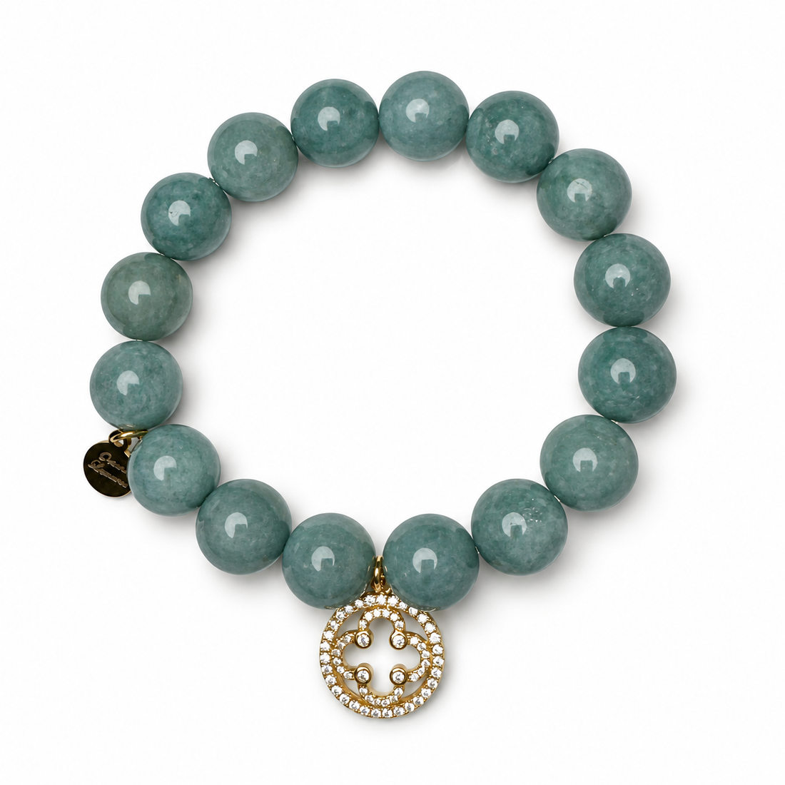 Persian Blue Jade with Pavé Gold Signature Logo on white studio background