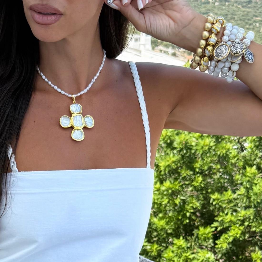 Seed Pearl with Pearl Bezel Cross Pendant