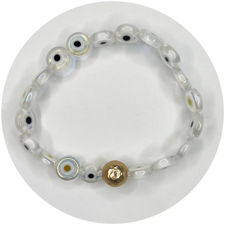 White Iridescent Evil Eye Glass with Hammered Gold Accent