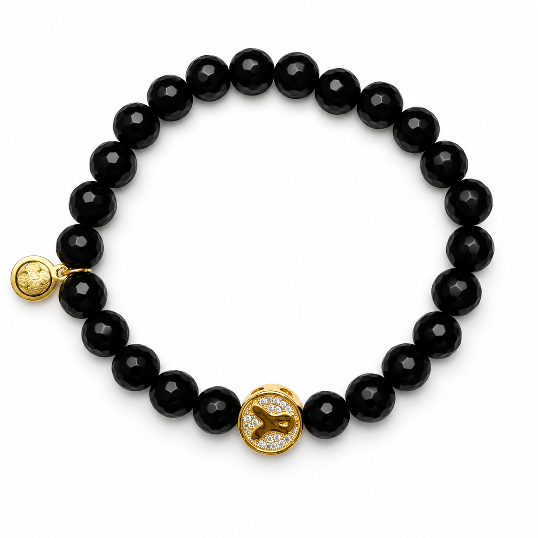 Mens Black Onyx with Pavé Gold Cancer Awareness Ribbon on white studio background