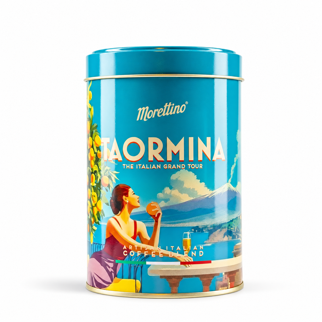 Morettino "Taormina" Ground Coffee in Tin - 250g on a white studio background