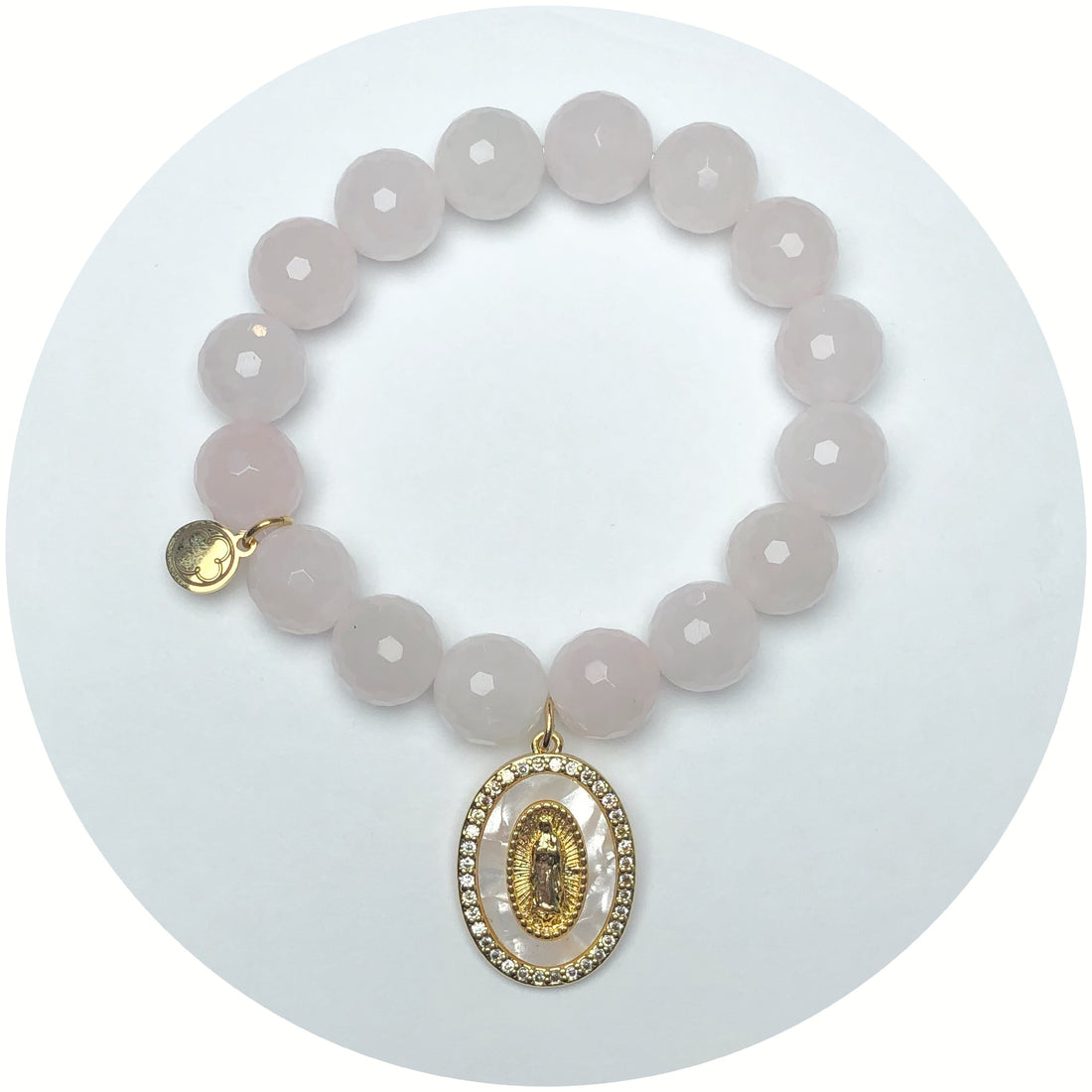 Rose Quartz with Mother of Pearl Oval Blessed Mother Pendant