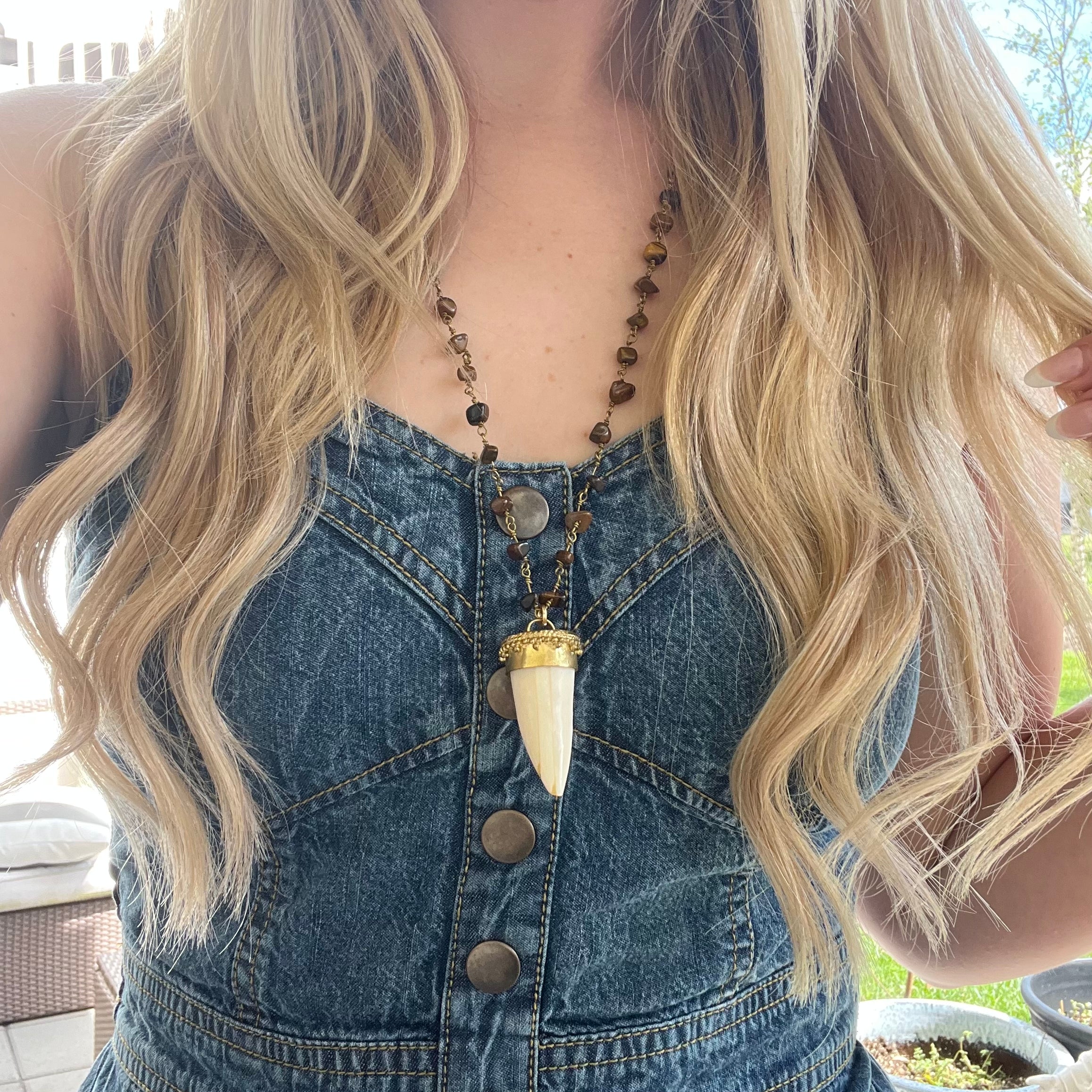 Tiger Eye Beaded Chain with White Horn Necklace