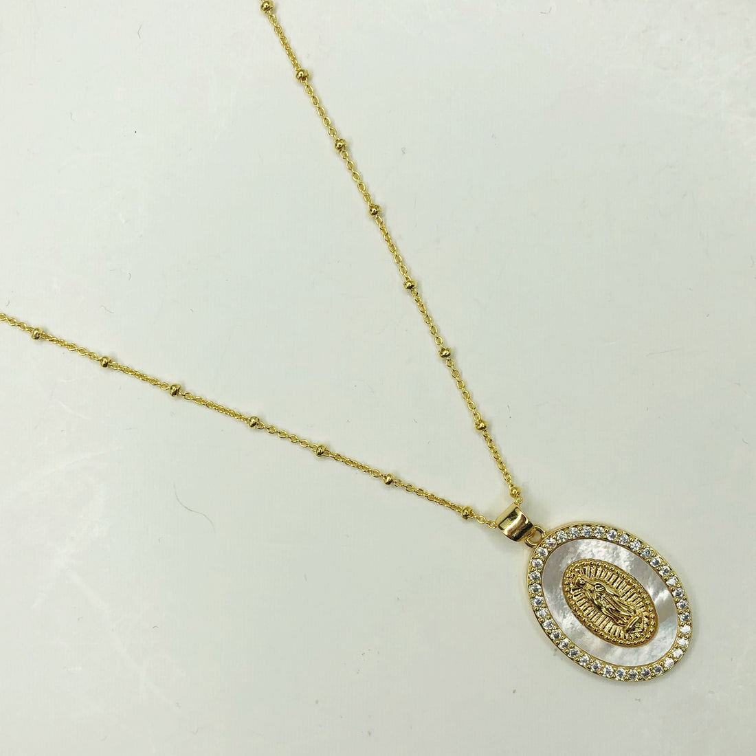Mother of Pearl Oval Blessed Mother Necklace - Oriana Lamarca LLC