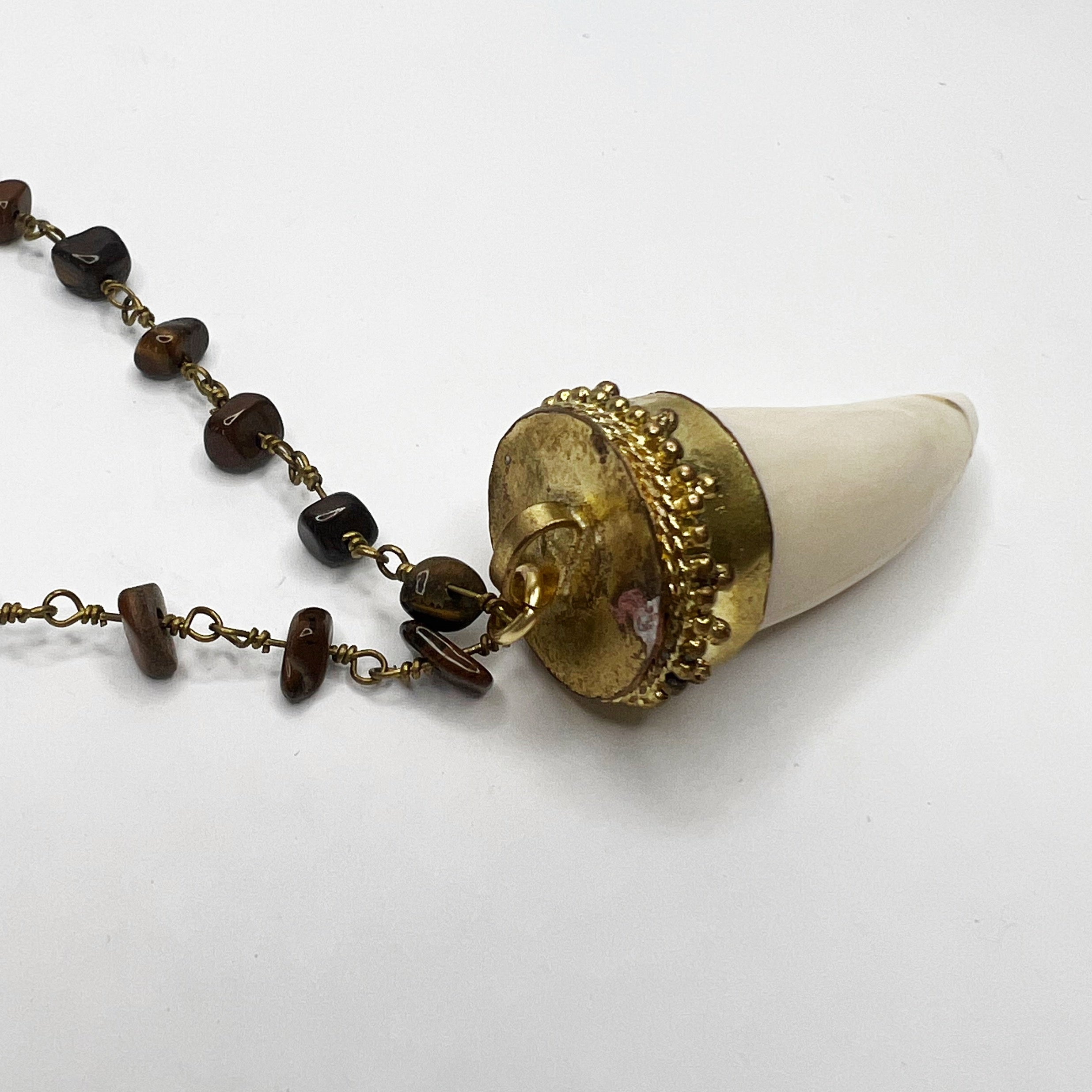 Tiger Eye Beaded Chain with White Horn Necklace