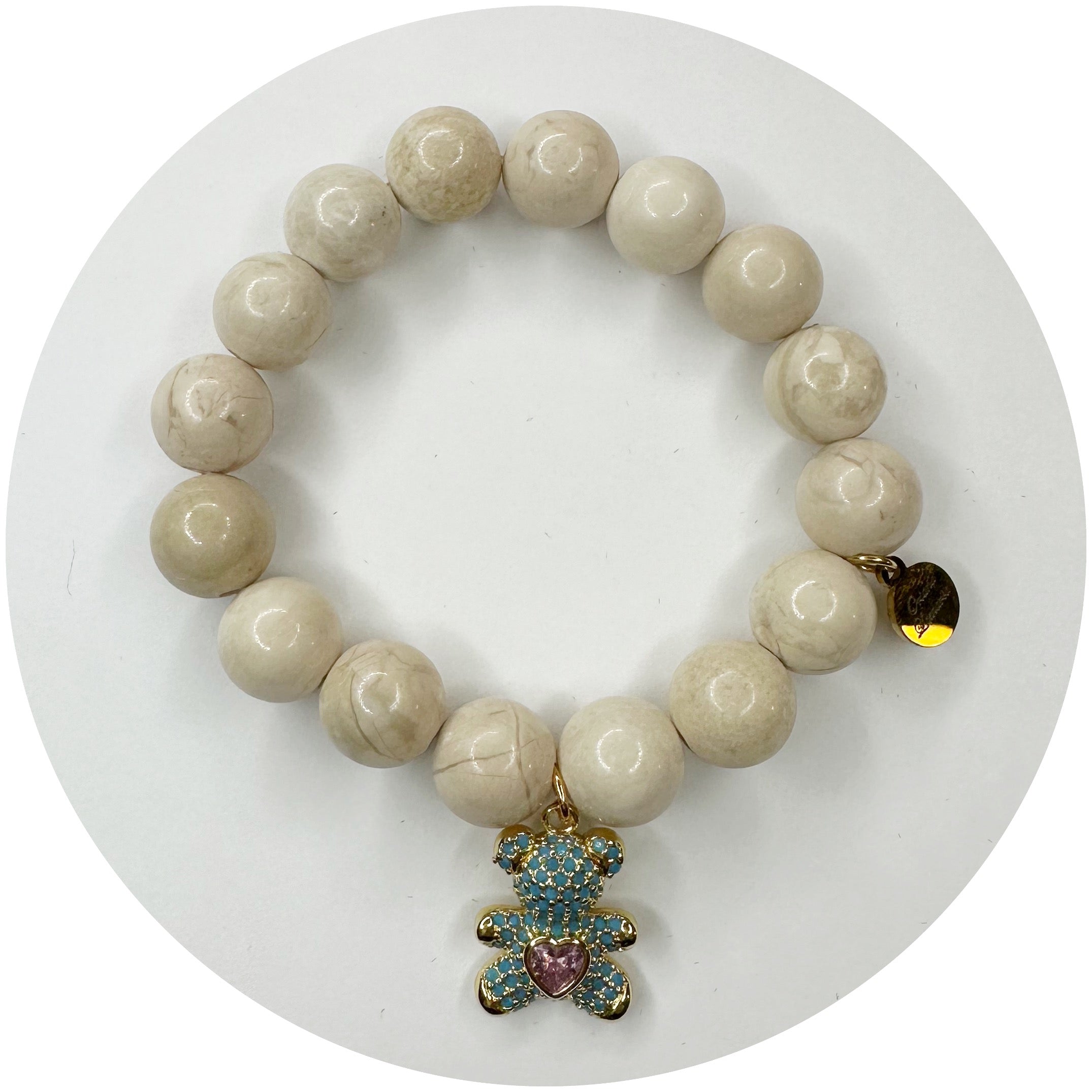 Beige Riverstone with Blue Pavé Teddy Bear Pendant