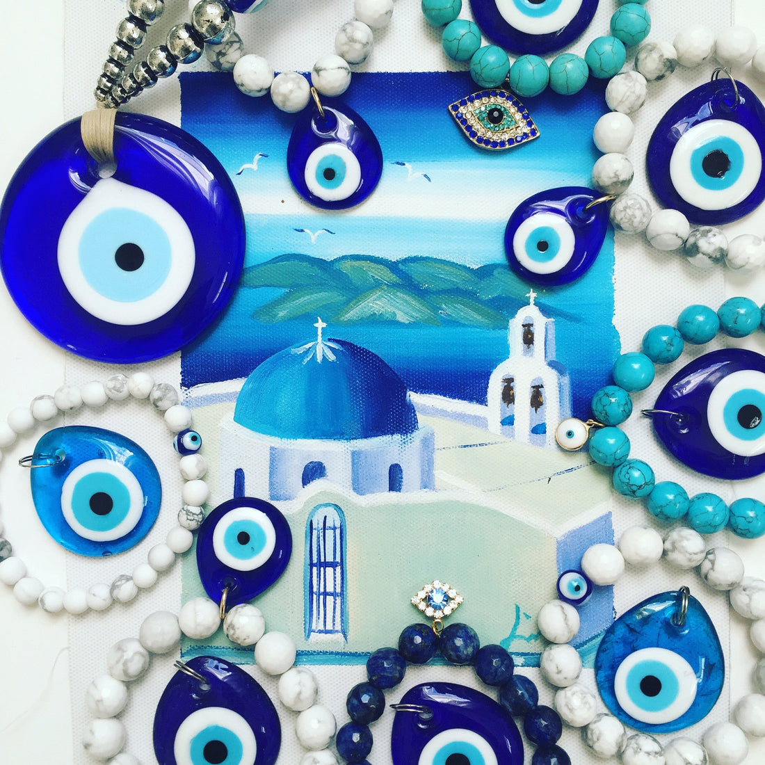 Mens White Howlite with Evil Eye Accent