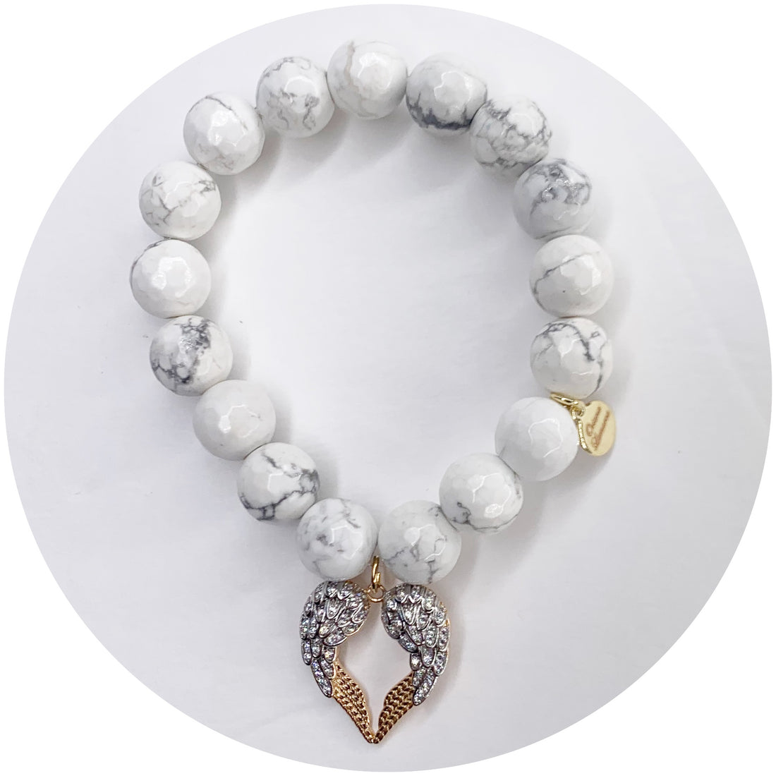 White Howlite with Pavé Heart Angel Wings