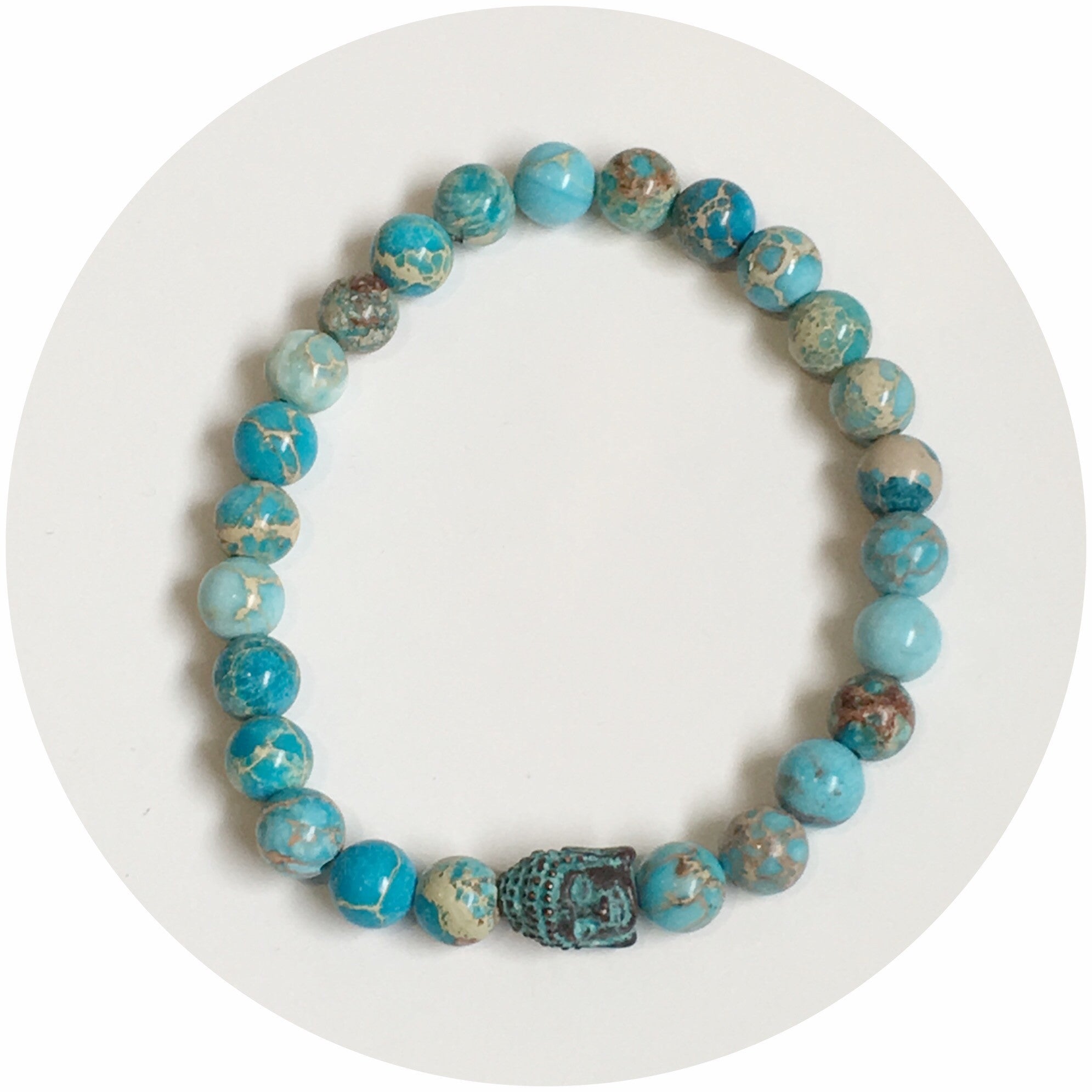 Mens Turquoise Imperial Jasper with Verdigris Buddha - Oriana Lamarca LLC