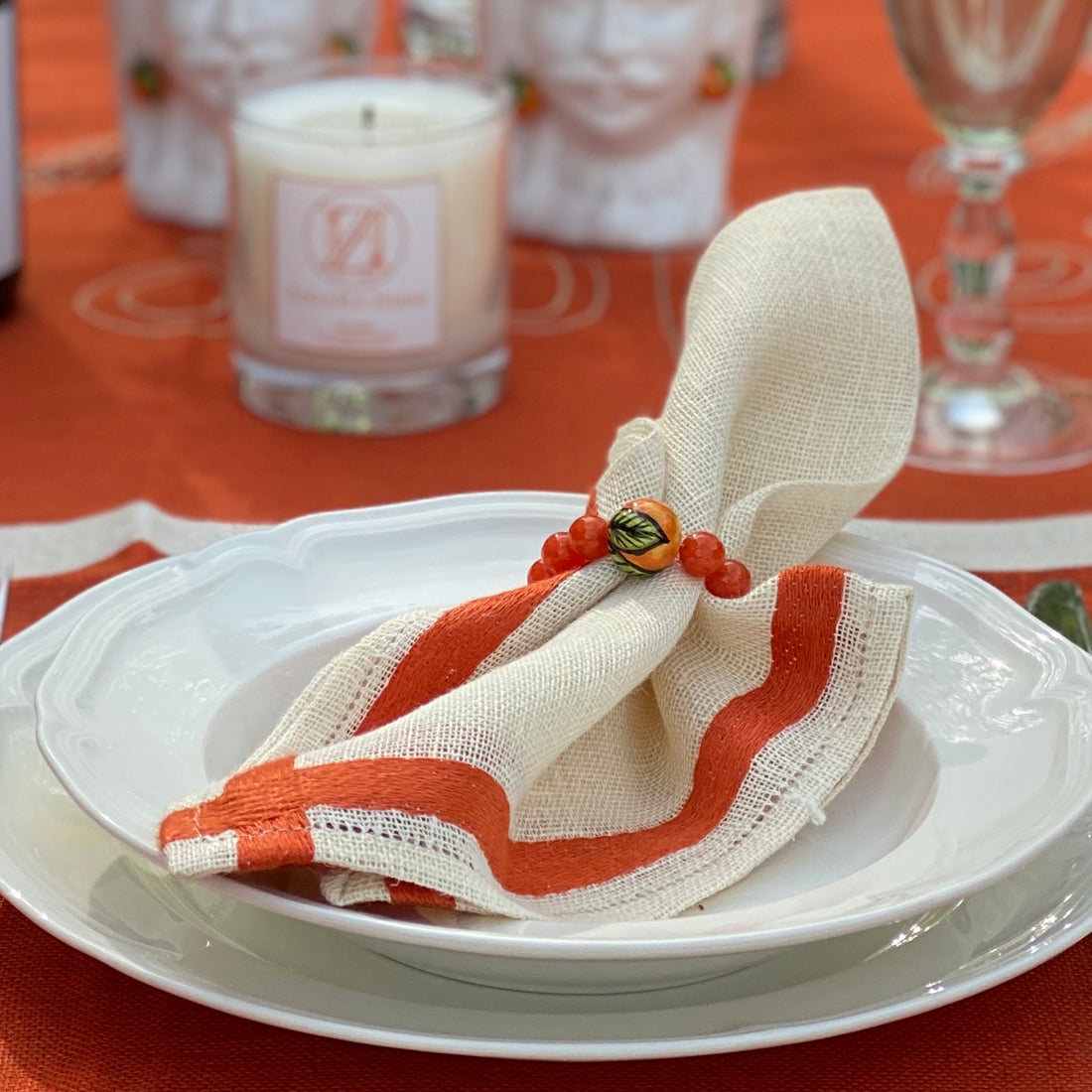 Orange Jade with Handpainted Orange Wine Glass Marker & Napkin Ring - Set of 4