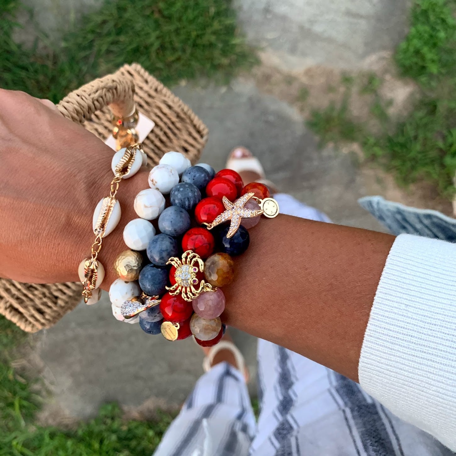 Rose Gold lava stone bracelet with popular creamy pearls, CZ diamonds north star charm