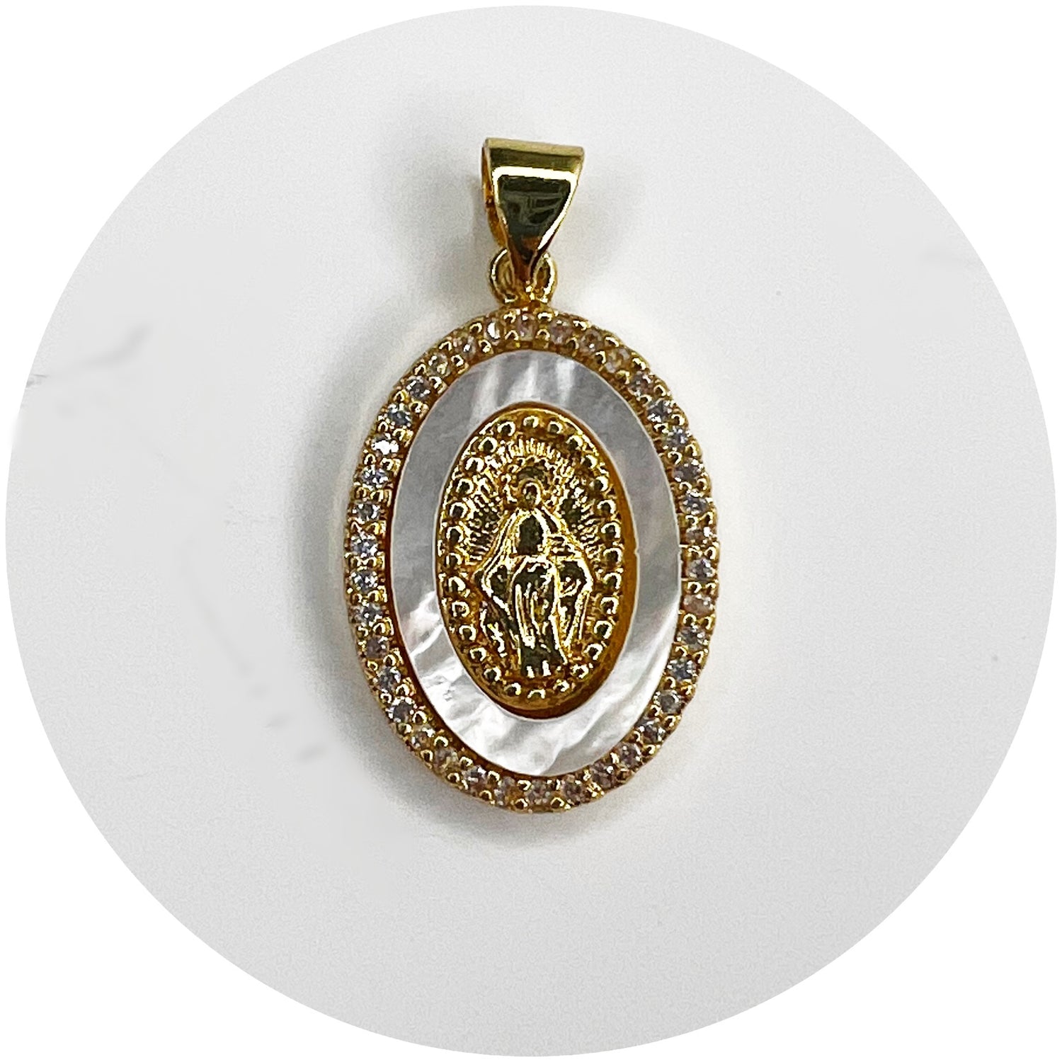 Mother Of Pearl Pavé Blessed Mother Pendant