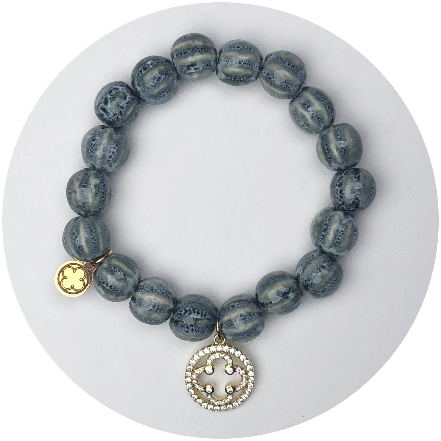 Smoke Ceramic Riccio Bead with Gold Signature Logo Pendant