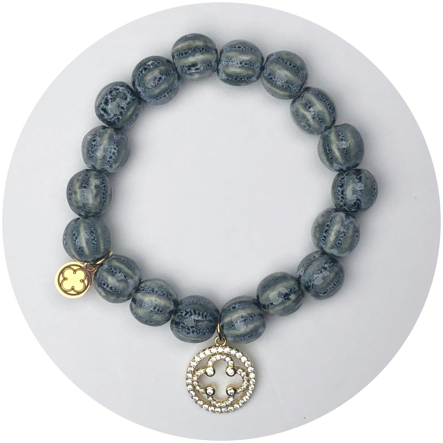 Smoke Ceramic Riccio Bead with Gold Signature Logo Pendant