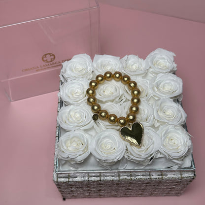 Forever White Roses with White Tweed Flower Box