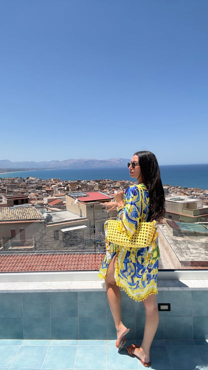 Blue and Yellow Scroll Foulard Dress
