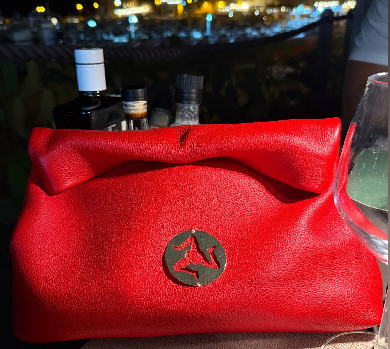 Gold Trinacria  Rosso Leather Handbag
