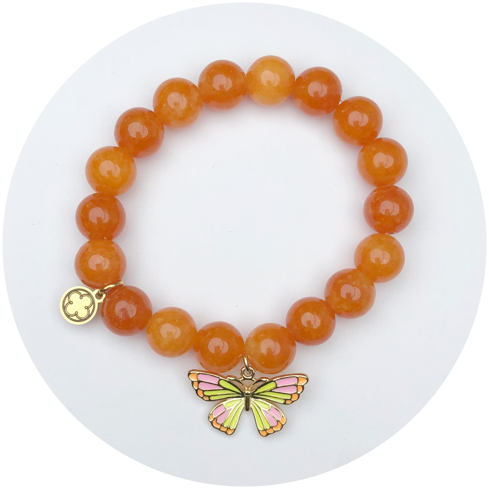 Orange Jade with Camellia Pink/Yellow Butterfly Pendant