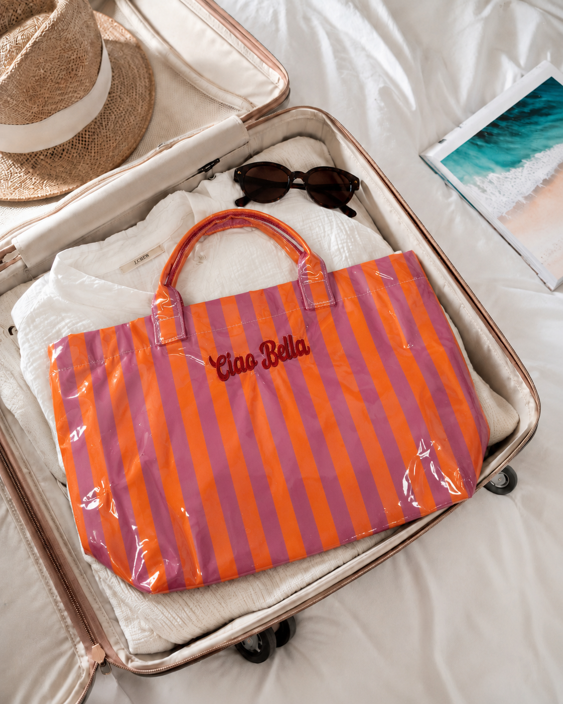 Ciao Bella Pink/Orange Striped Waterproof Tote