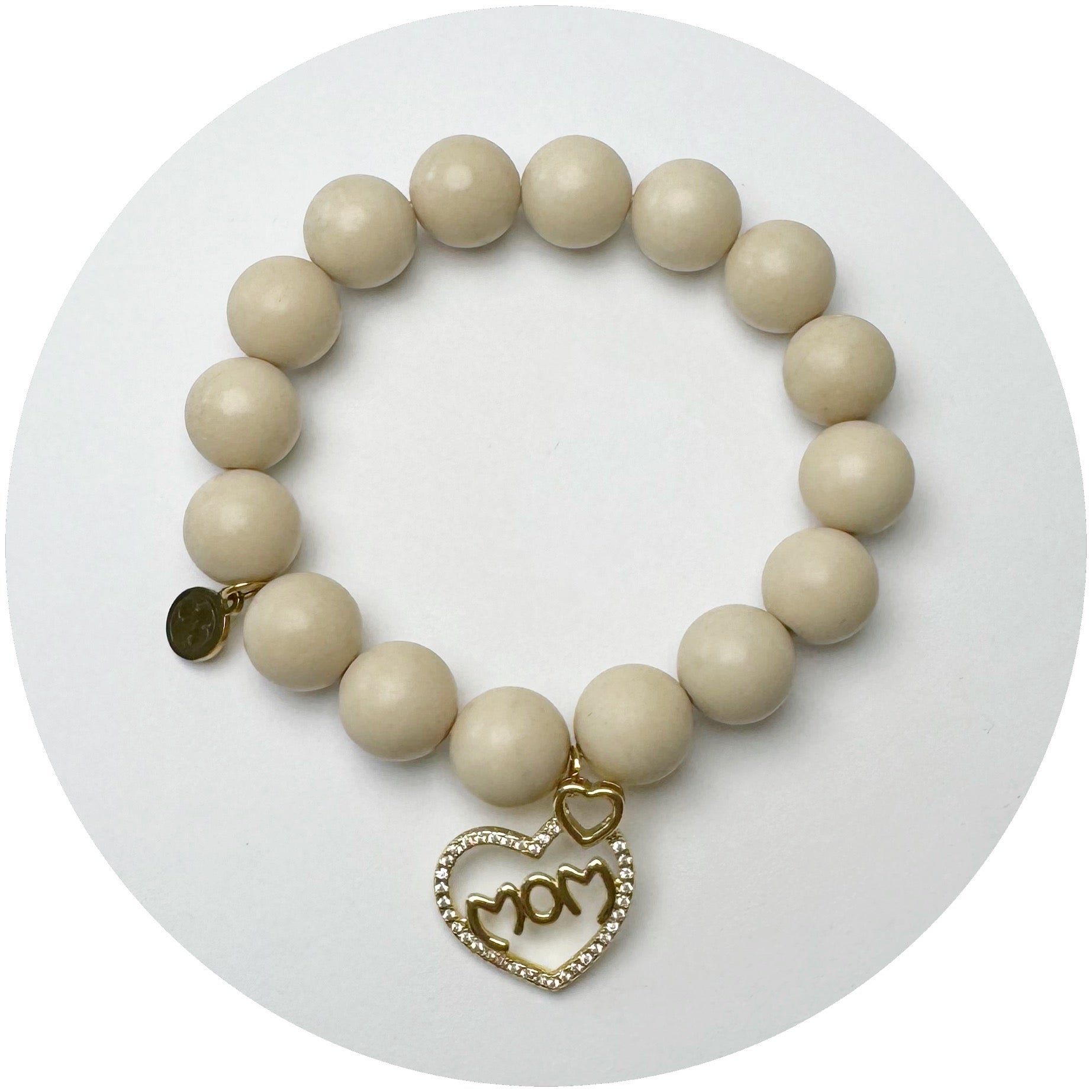 Beige Riverstone with Gold Pavé Heart Mom Pendant