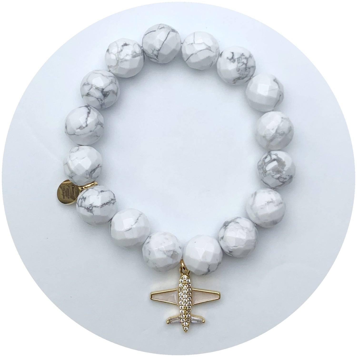 White Howlite with Gold Pavé Airplane