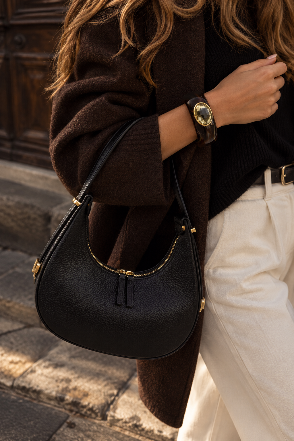 Mezza Luna Black Leather Handbag