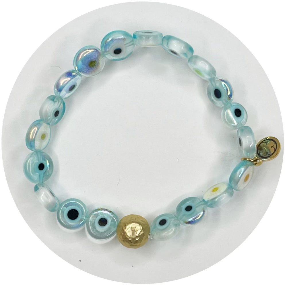 Blue Iridescent Evil Eye Glass with Hammered Gold Accent