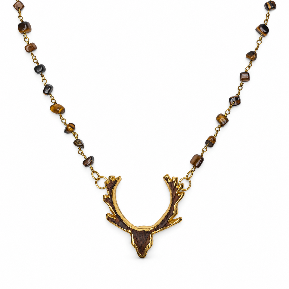 Tiger Eye Gemstone Chips Necklace with Reindeer Pendant studio photo