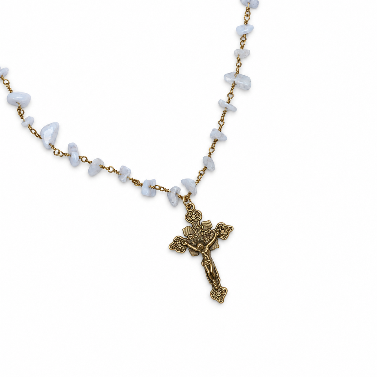 Serenity Blue Gemstone Chips Necklace with Cross Pendant studio photo
