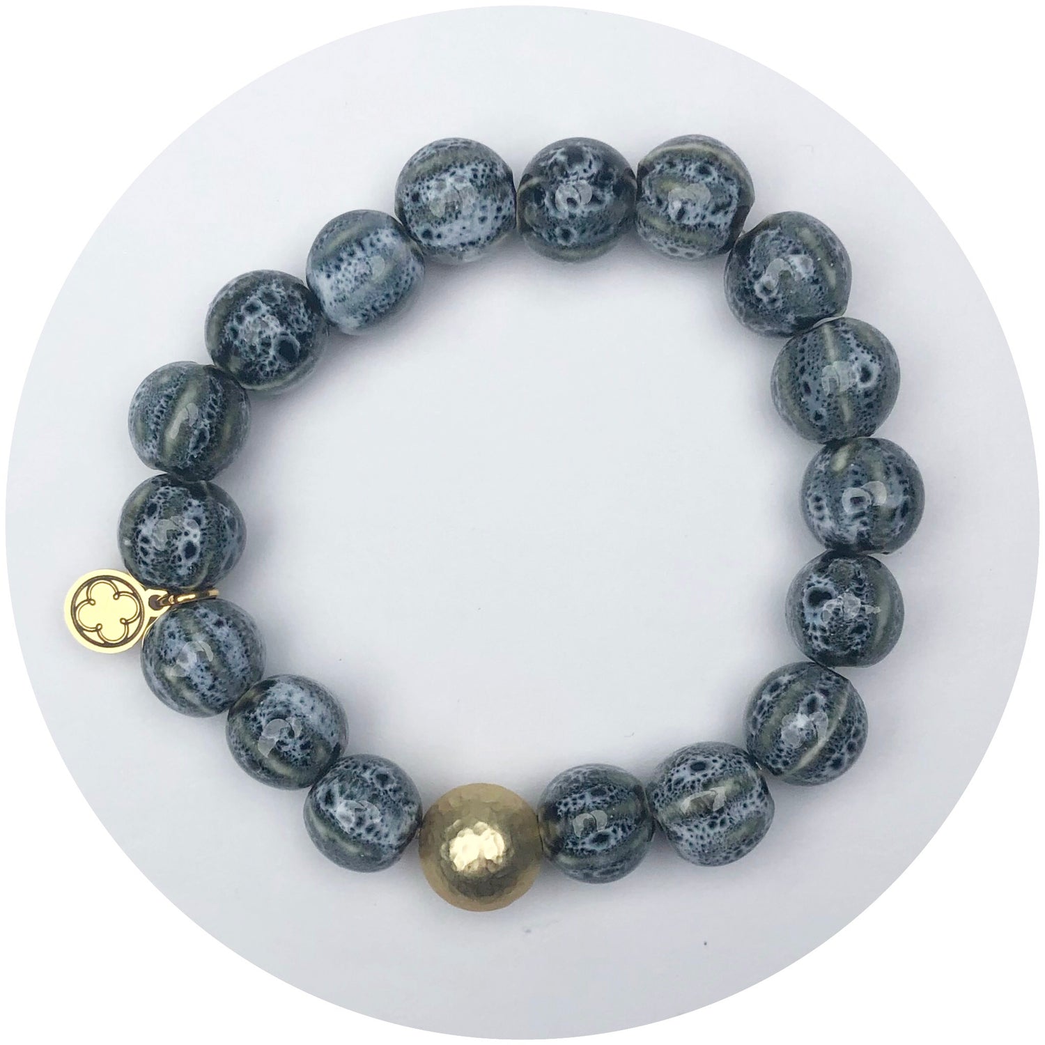 Smoke Ceramic Riccio Bead with Hammered Gold Accent