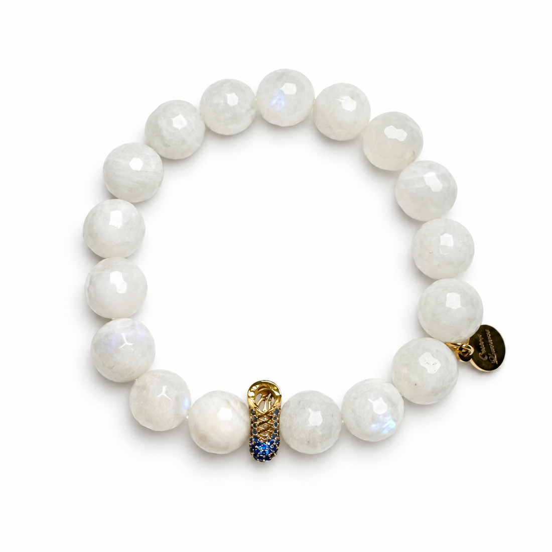 Moonstone with Blue Baby Shoe on white studio background