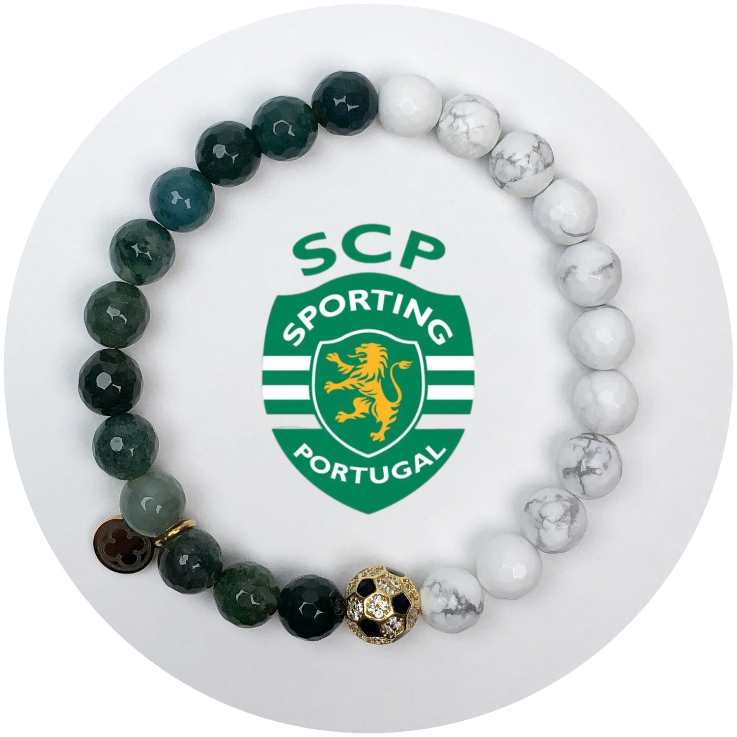 Sporting Portugal Mens Moss Green Jade and White Howlite with Pavé Soccer Ball