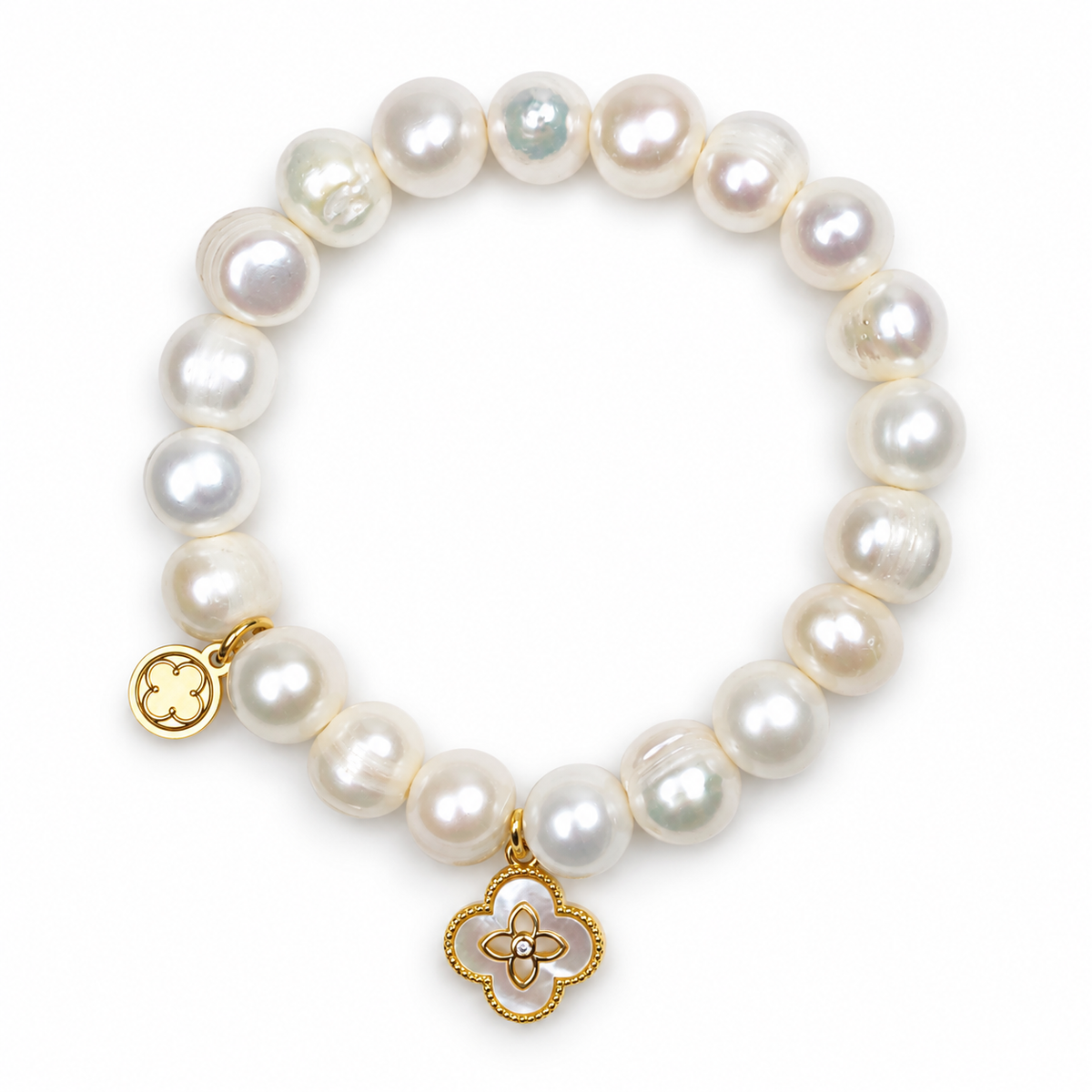 Freshwater Pearl with Open Clover Mother of Pearl on a white background