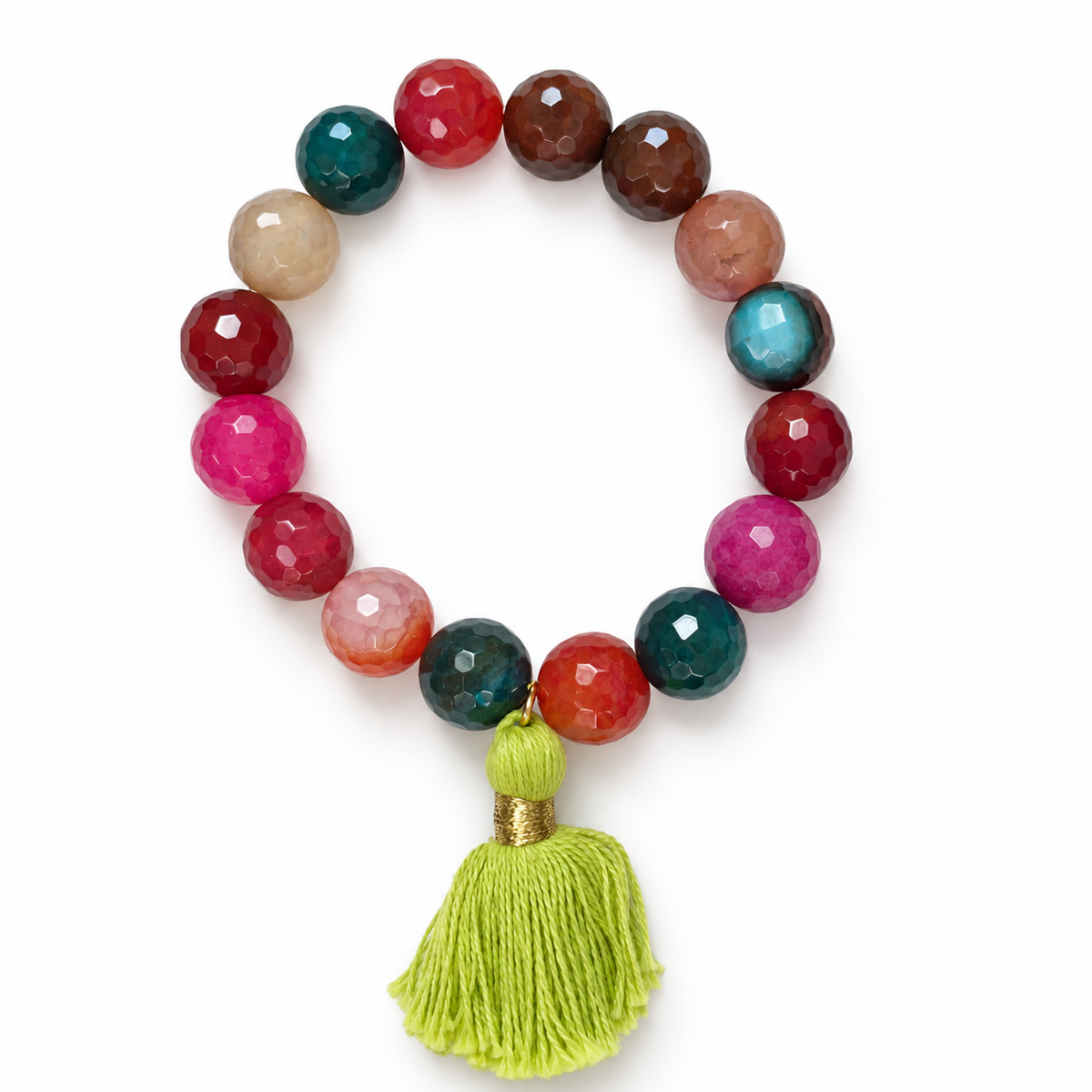 Multicolor Agate with Lime Green Tassel on a white background