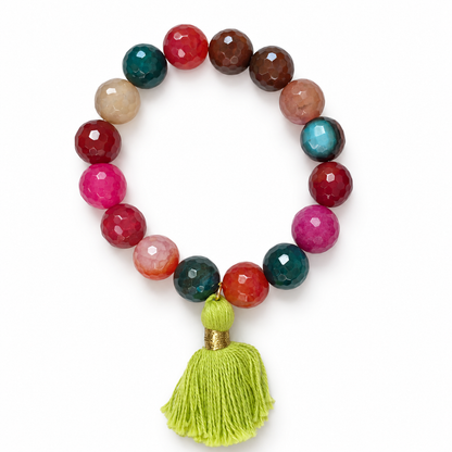 Multicolor Agate with Lime Green Tassel on a white background