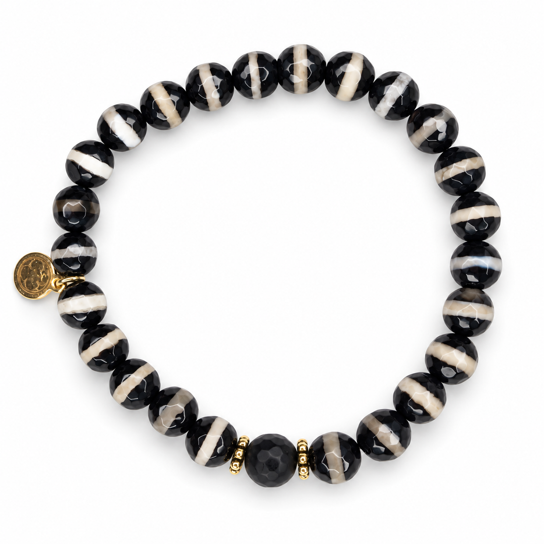Mens Tibetan Black Zebra Agate with Black Onyx on white studio background