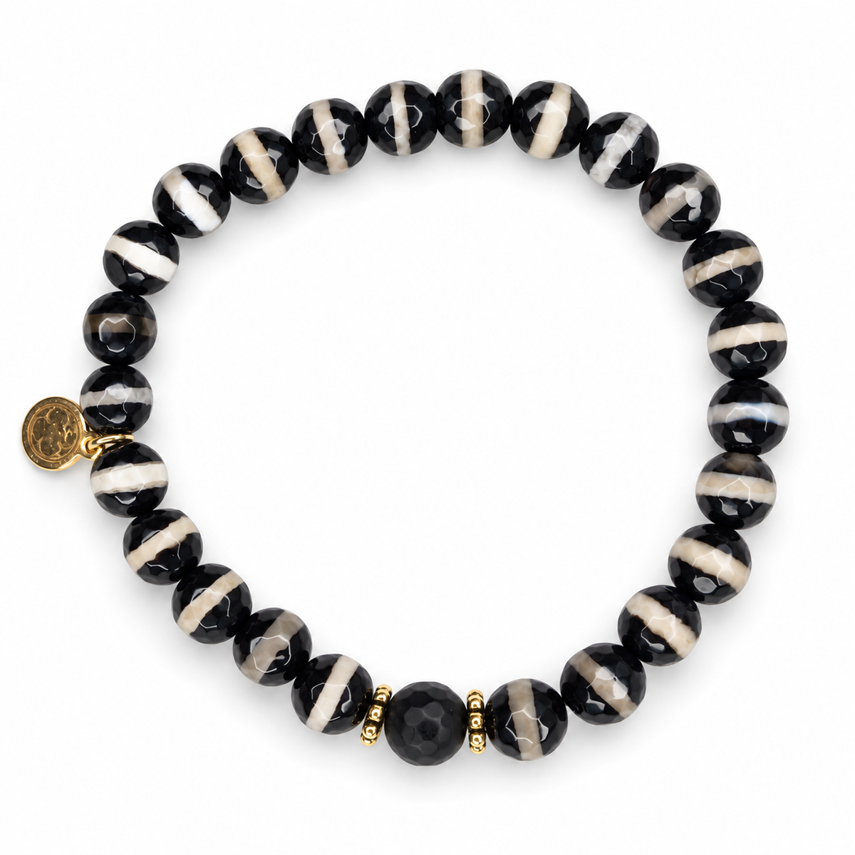 Mens Tibetan Black Zebra Agate with Black Onyx on white studio background