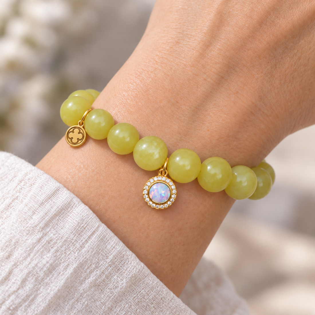 Celery Jade with Pavé Opal Pendant worn on a woman&